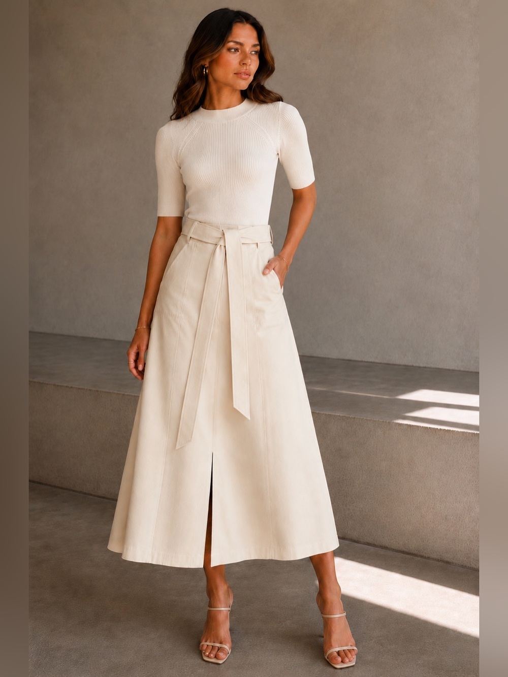 Ted Baker MATIAR Knit & Faux Leather Midi Dress Ivory Size 1 (US 4)